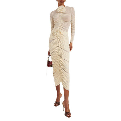 Autumn Pleating Three Dimensional Floral Top Sheath Skirt Two Piece Sets Women