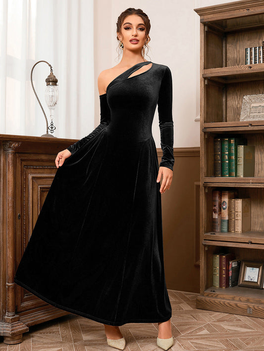 One Shoulder Long Sleeve High Slit Sexy Slim Waist Mid Length Evening Dress