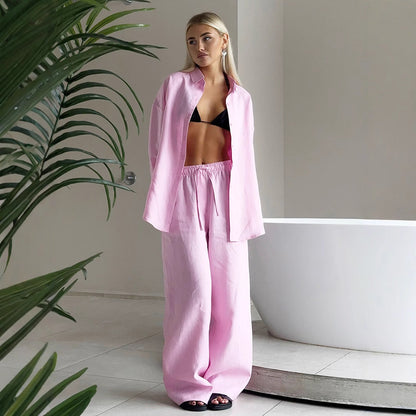 Cotton Shirt Trousers Spring Summer Loose Long Sleeve Shirt Casual Two Piece Sets Women