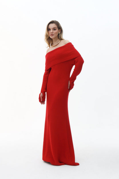 Autumn Winter Women Clothing Elegant off Shoulder Dress Solid Color Formal Dress Length Dress