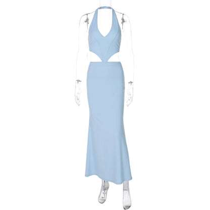 Women Clothing Spring Sexy Low Cut V neck Halter Faux Two Pieces Backless Lace up Dress