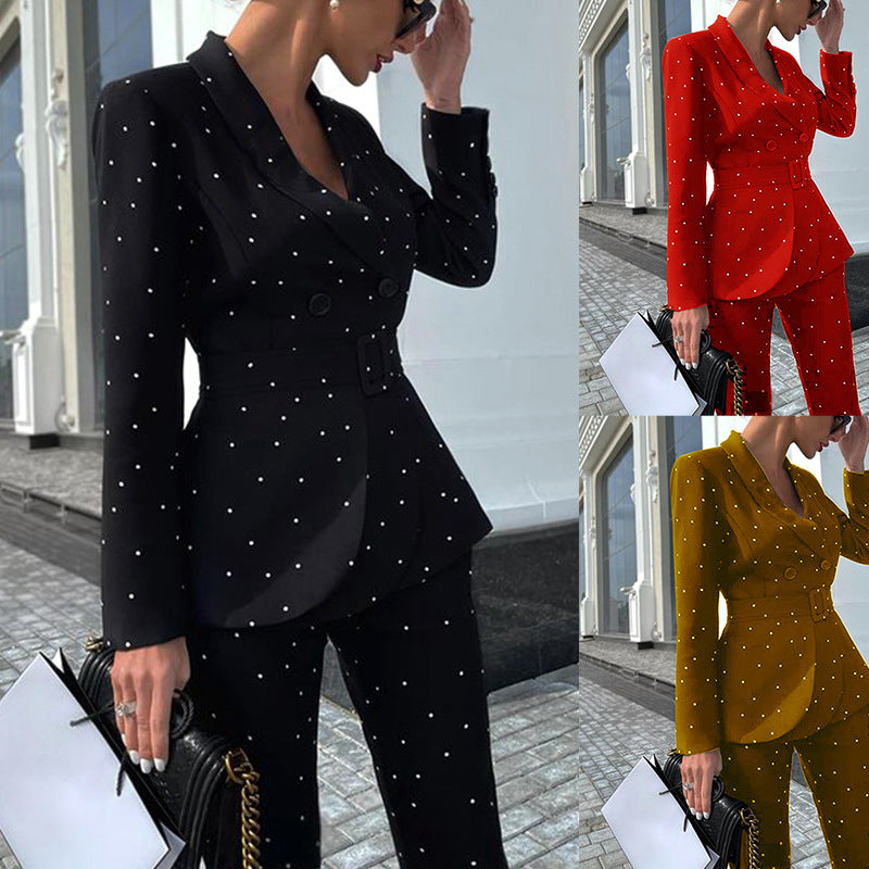 Black Polka Dot Long Sleeve Blazer Two Piece Set Women Clothing