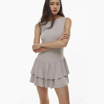 Ruffled Embellished Plain Weaving Knitting Solid Color Boat Neck Dress