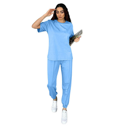 Summer Solid Color round Neck Short Sleeves Pullover Women Casual Ankle Banded Pants