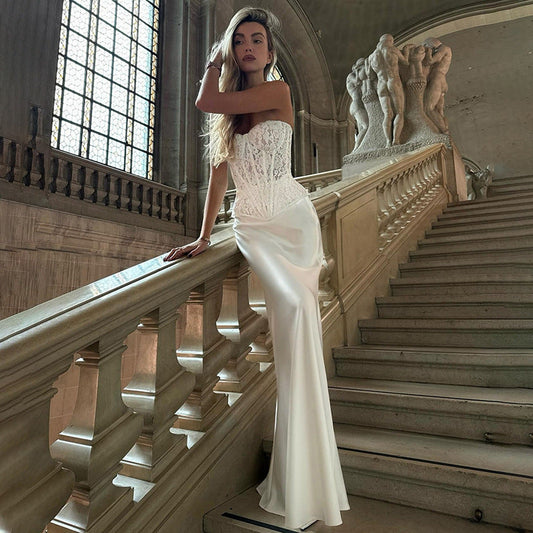 Autumn Winter Women Clothing Lace Tube Top Solid Color Slim Sheath Skirt Set Women