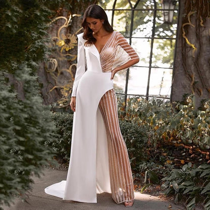 Spring Women Clothing V neck Patchwork Lace Irregular Asymmetric Dress Dress Solid Color Jumpsuit