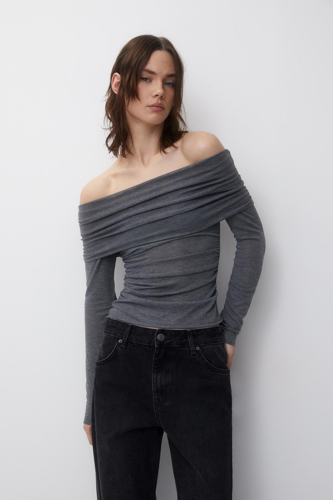 Sexy Strapless Long Sleeve T shirt Solid Color Elegant Sexy Slim Fit Crop Top