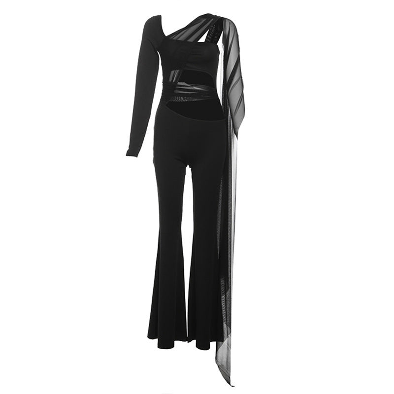 Autumn Winter Women Clothing Solid Color Sexy Cutout Irregular Asymmetric Design Slim Fit Bodysuit Women
