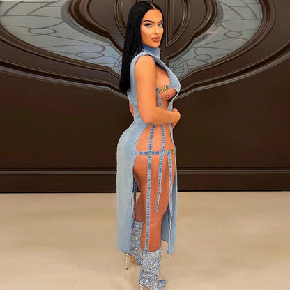 Denim Dress Sexy Cutout Washed Turtleneck Dress Women