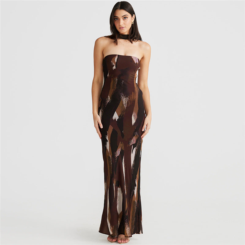 Elegant Spring Tube Top Sexy Bare Back Dress Printed Figure Elegant Slim Fit Maxi Dress
