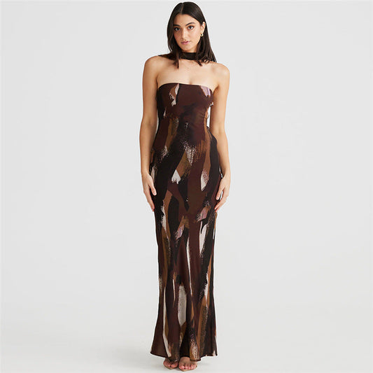 Elegant Spring Tube Top Sexy Bare Back Dress Printed Figure Elegant Slim Fit Maxi Dress