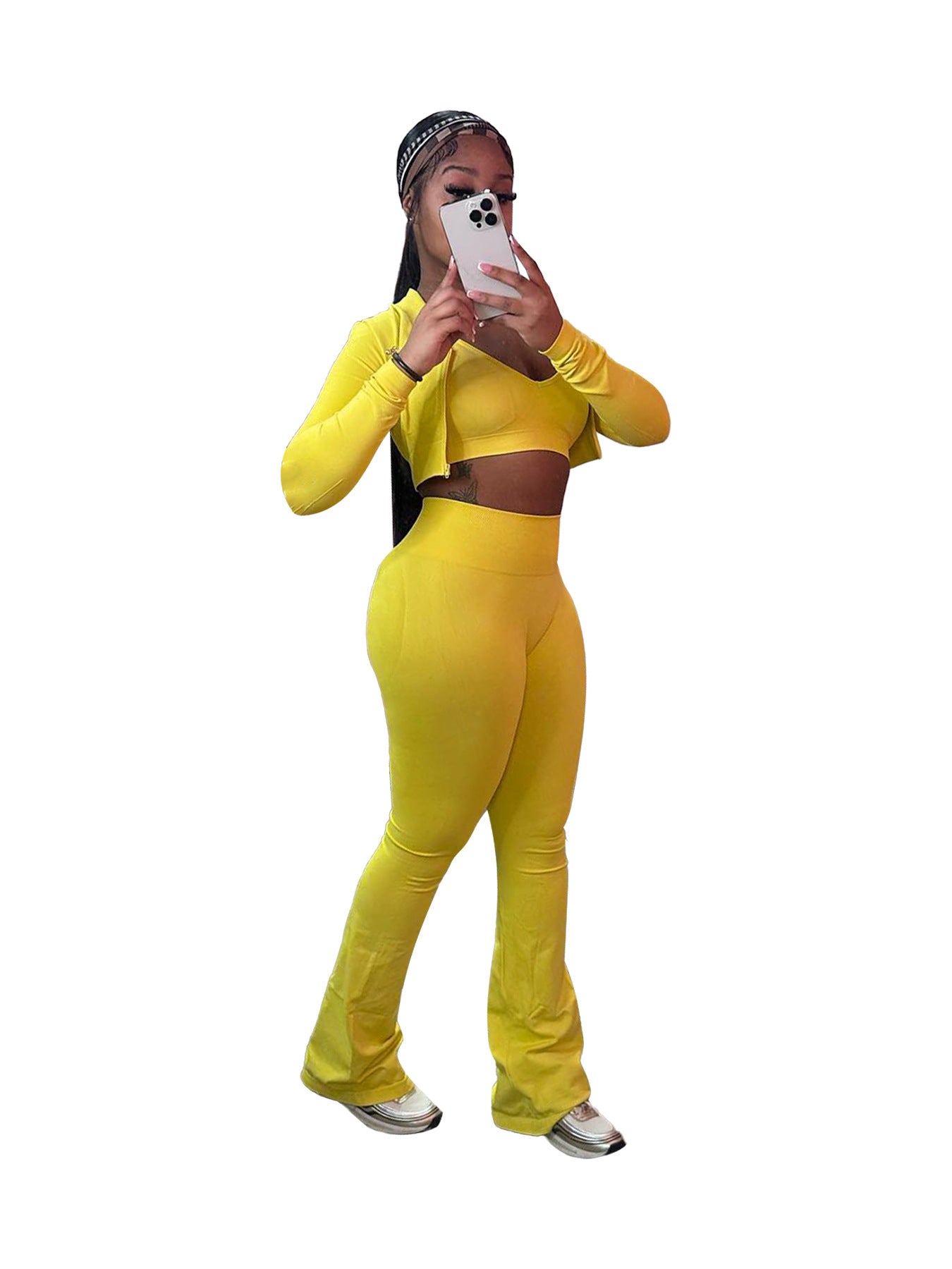 Women Clothing Basic Solid Color Short Top High Waist Bootcut Sports Casual Three Piece Suit Suit