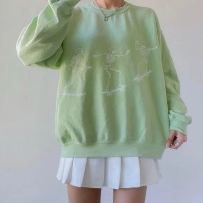 Autumn Winter Women Wear Long Sleeve Solid Color Skull Skateboard Printing Loose Casual Long Sleeves