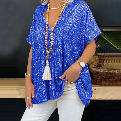 Short Sleeve Urban Casual Color Loose Pullover Sequined V neck T shirt Top Women Clothing