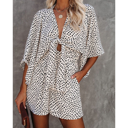 Spring Summer Sexy V neck Lace up Loose Jumpsuit Home Vacation Jumpsuit for Women