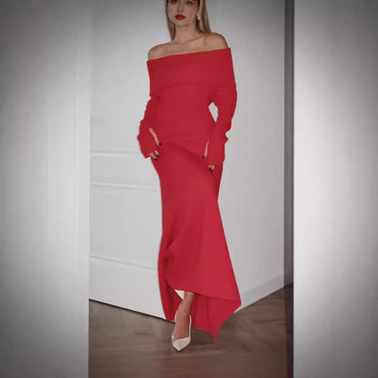 Autumn Winter Women Clothing Elegant off Shoulder Dress Solid Color Formal Dress Length Dress