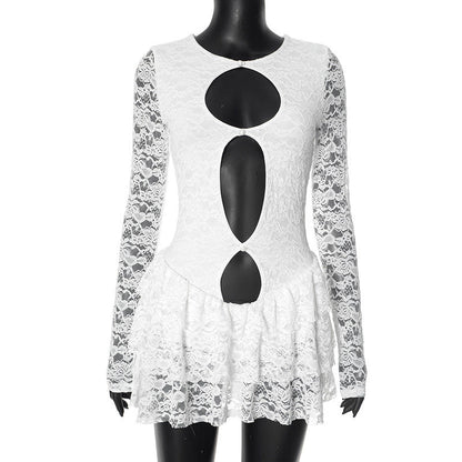 Women Clothing Summer Character Hollow Out Cutout Lace Long Sleeve Ruffled Sheath Dress