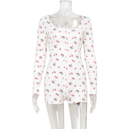 Spring Home Casual Floral Printed Square Collar Long Sleeve Jumpsuit Romper