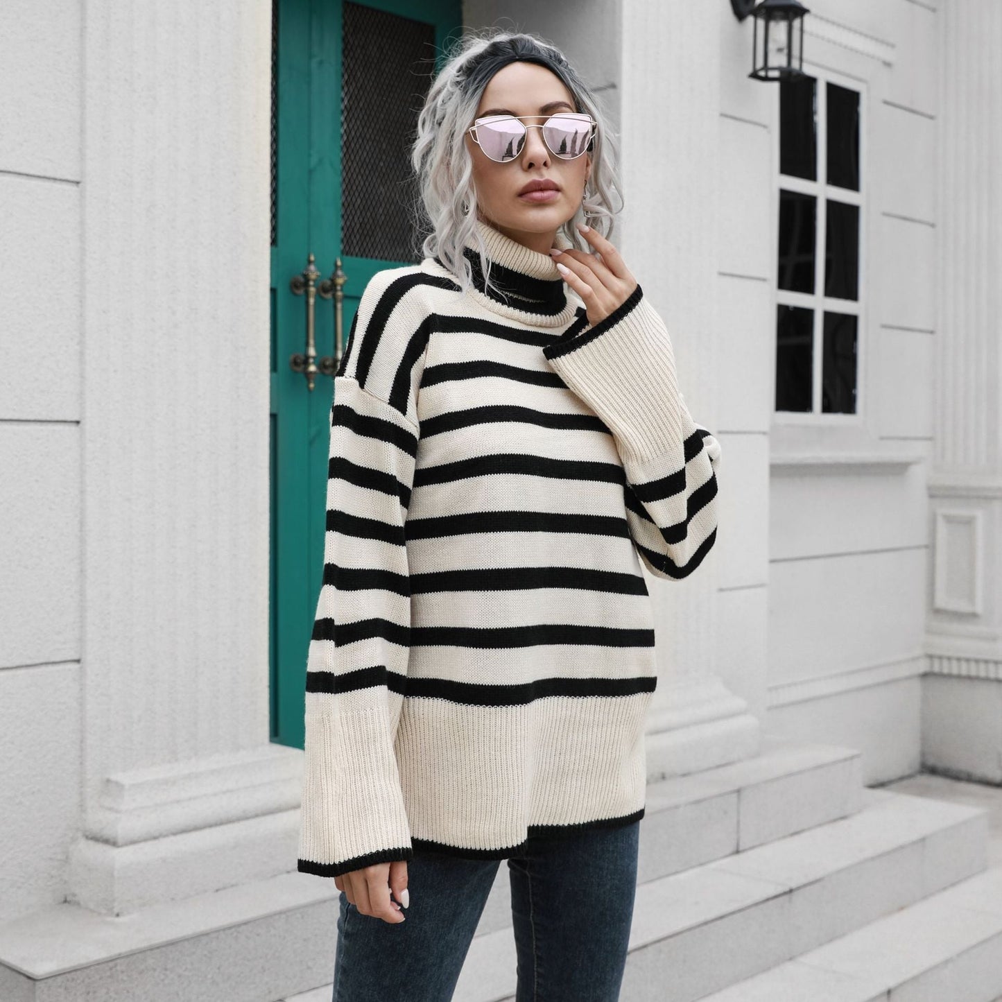 Popular Striped Bottom Slit High Collar Mid Length Women Loose Fall Winter Sweater