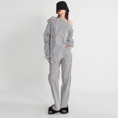 Urban Casual Simple Autumn Irregular Asymmetric Multi Way Shirt Mid Waist Straight Trousers Striped Set