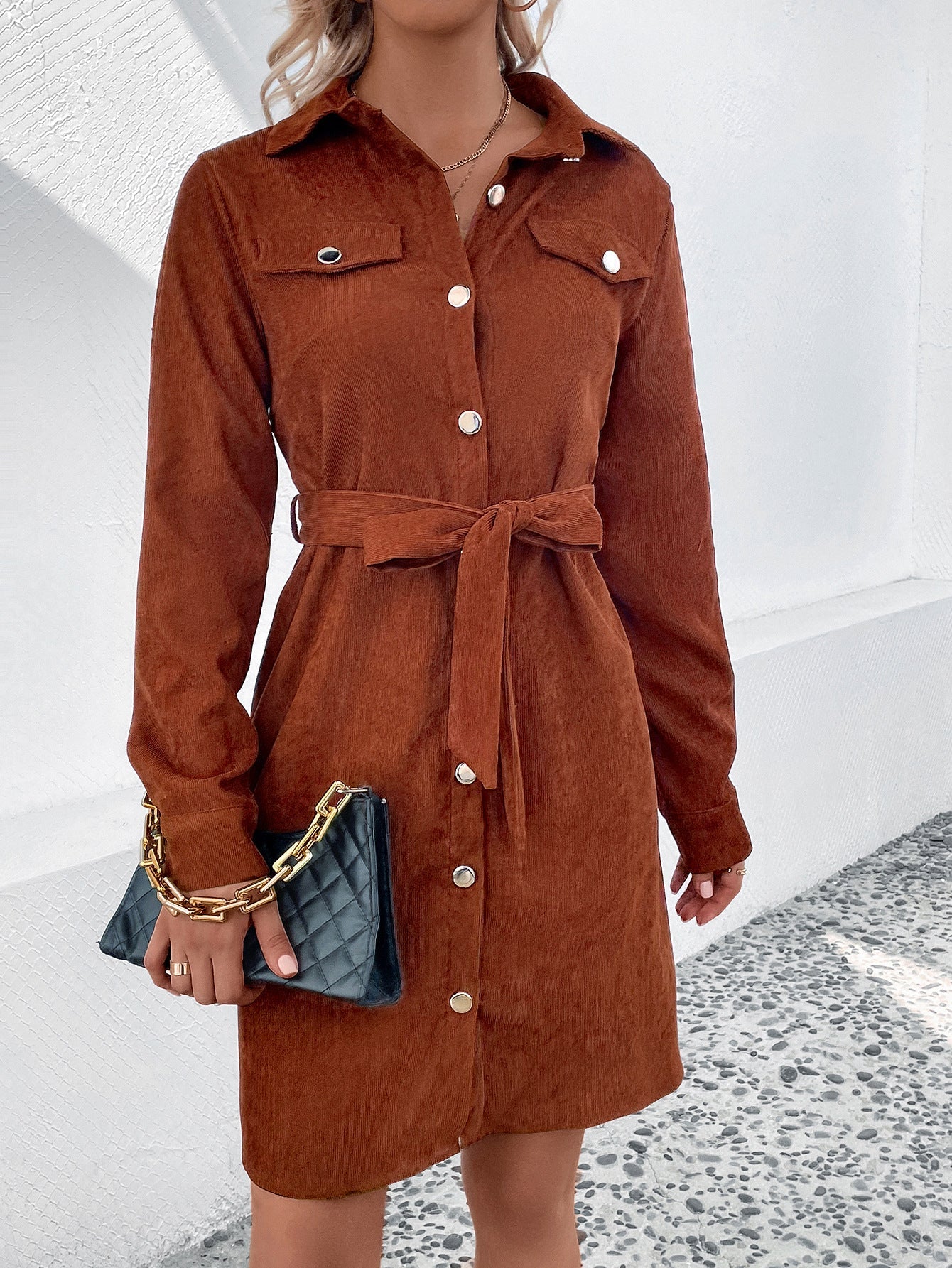 Women Collared Corduroy Belt Dress Spring Autumn Winter Women Clothing