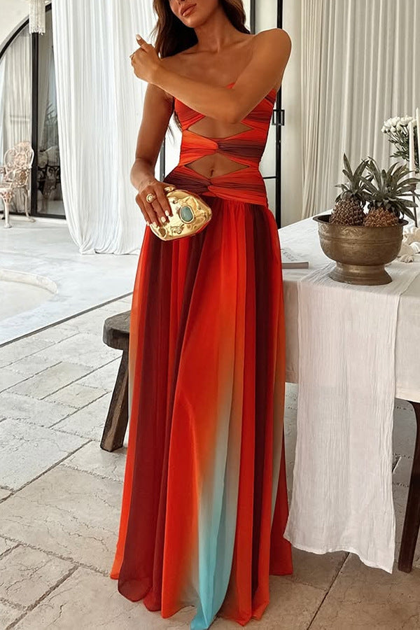 Ladies' Sunset Sexy strapless Fashion Tassel Printed Twisted Hollow Off Shoulder Vacation Long Dress