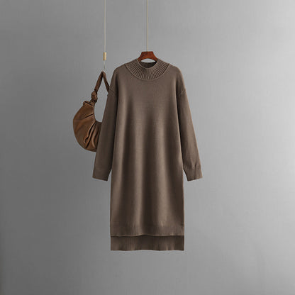 Autumn Winter Long Below The Knee Half Turtleneck Knitted Dress Loose Slimming Solid Color Woolen Dress Women