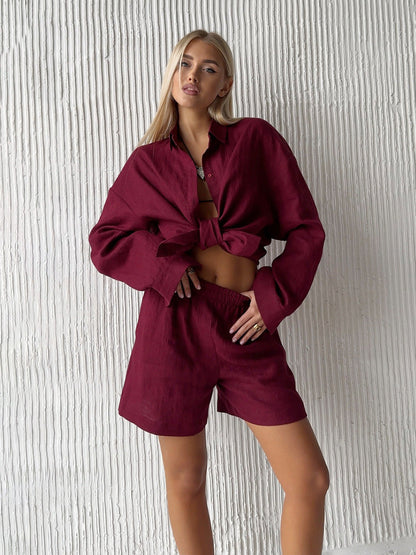 Cotton Button Cardigan Long Sleeve Shorts Autumn Winter Simple Solid Color Casual Two Piece Sets
