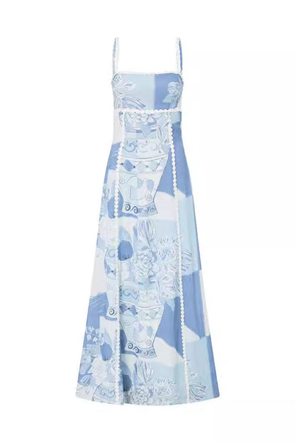 Terazza Ric Rac Linen Trims Unique Print Back Tie-up Slip Flared Linen Maxi Dress