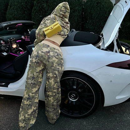 Casual Contrast Color Cinched Hoodie Long Sleeve Sweatshirt Sweatpants Two Piece Camouflage Cardigan Coat Trousers Sets