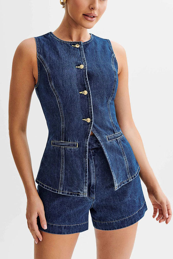 Abel Denim Button Up Princess Seams Pocket Vest Top