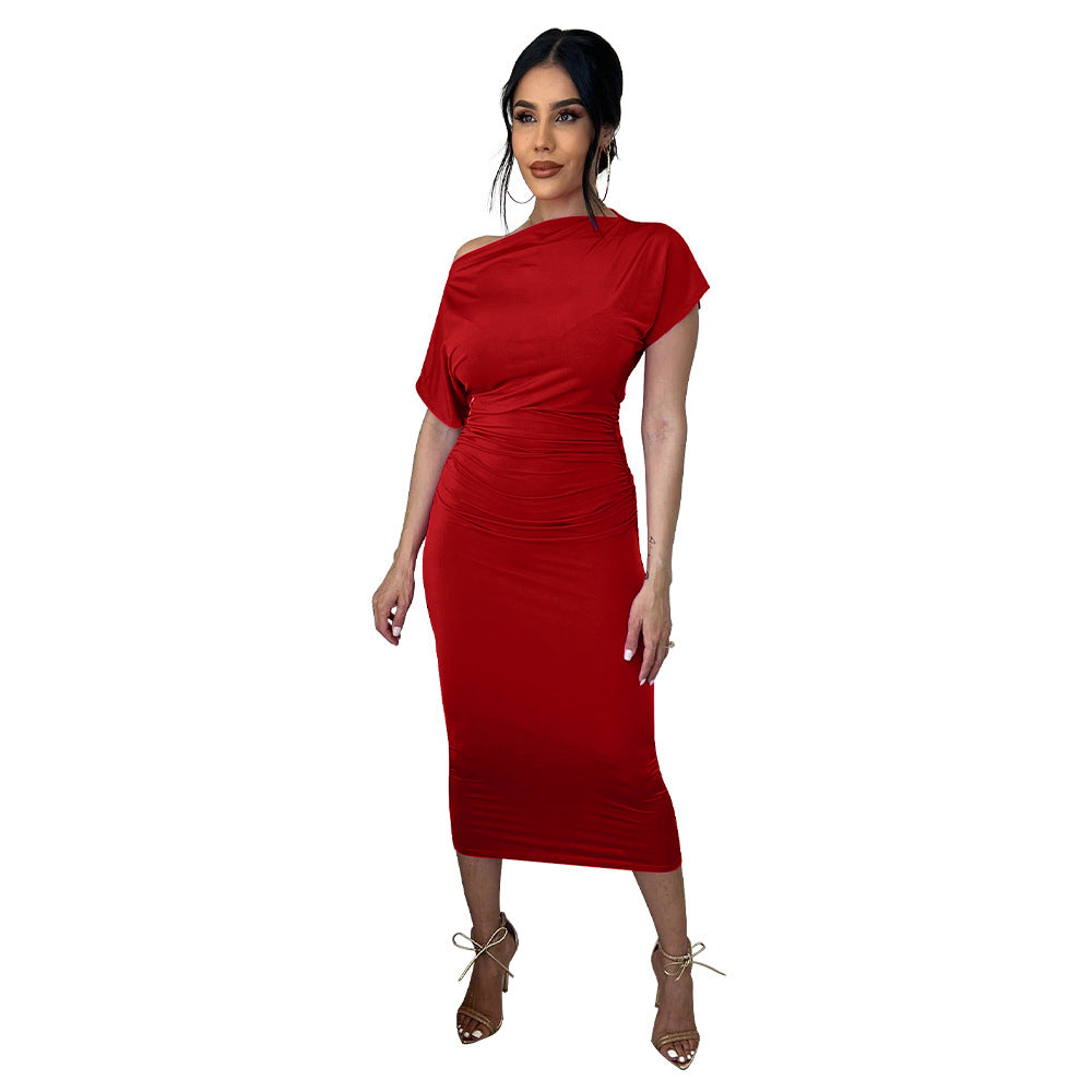 Women Clothing Popular Solid Color Pleated Slim-Fit Oblique Shoulder Dress