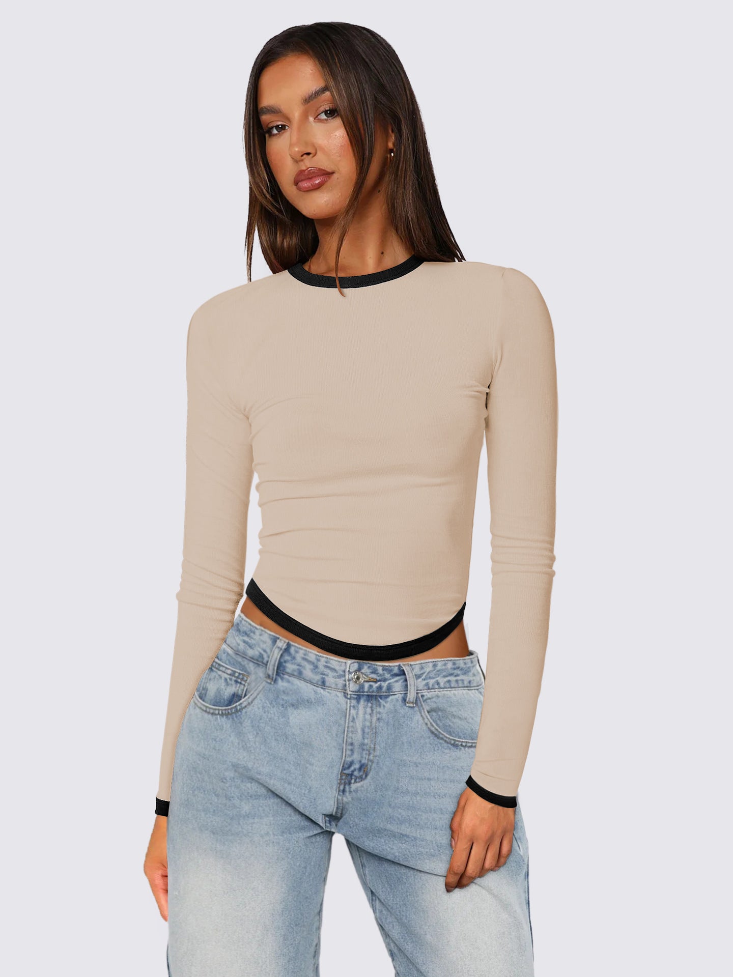Women Clothing Spring Summer Long Sleeve round Neck Slim Fit Contrast Colors Short Pullover Top Women