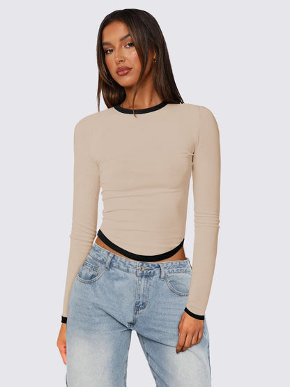 Women Clothing Spring Summer Long Sleeve round Neck Slim Fit Contrast Colors Short Pullover Top Women