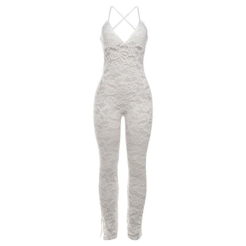 Summer Women Collection Sexy Deep V Plunge Sling Backless Lace See through Tight Jumpsuit