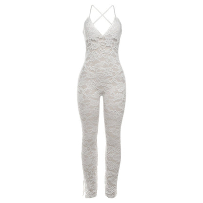 Summer Women Collection Sexy Deep V Plunge Sling Backless Lace See through Tight Jumpsuit