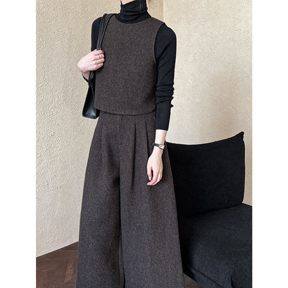 Two Way Vest Wide Leg Pants Women Autumn Winter Woolen Two Piece Sets