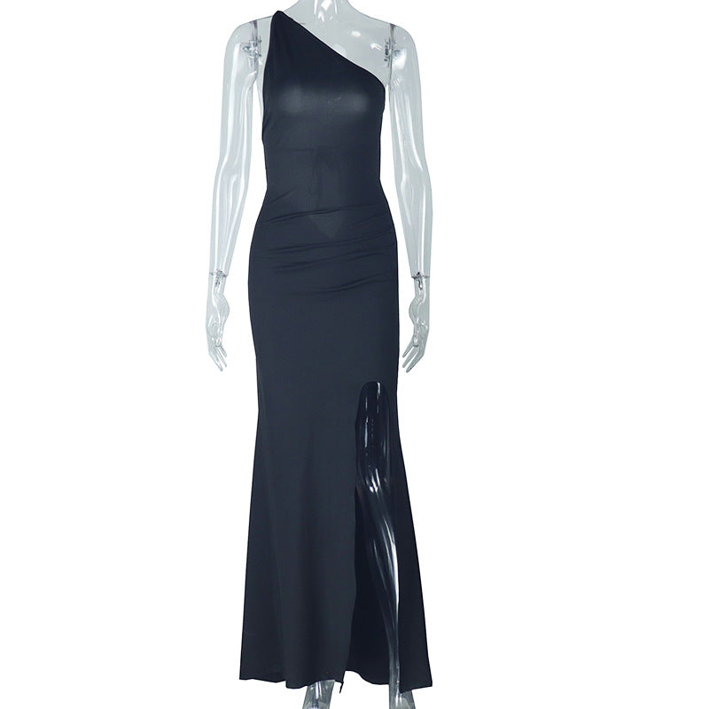 Women Clothing Elegant Sexy Backless Lace up Hip Dress Diagonal Collar Pleated Tube Top Solid Color Length Dress