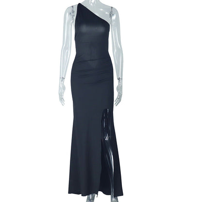 Women Clothing Elegant Sexy Backless Lace up Hip Dress Diagonal Collar Pleated Tube Top Solid Color Length Dress