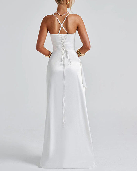 Ladies' satin back tie, pleated hem, slit high low waist long skirt