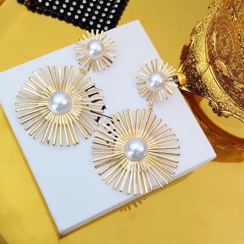 Beaded Double Geometric Pattern Drop Earrings