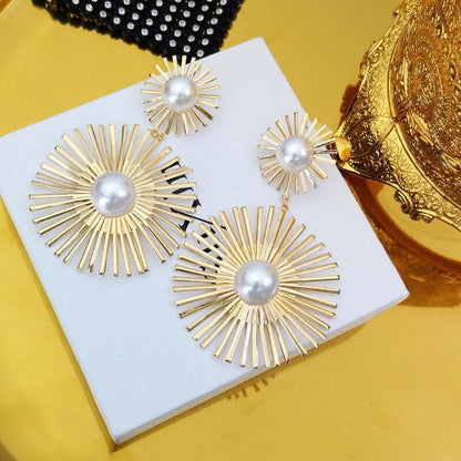 Beaded Double Geometric Pattern Drop Earrings