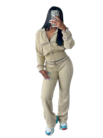 Casual Women Wear Waffle Waist Controlled Long Sleeves Two Piece Sets