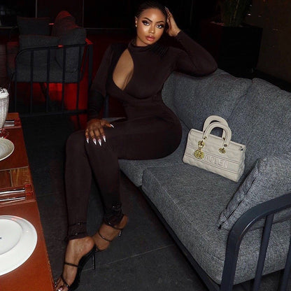 Elegant Women Wear Tight Fitting Solid Color Micro Elastic Jumpsuit Long Sleeved Trousers Hollow Out Cutout Mid Waist Thin Jumpsuit