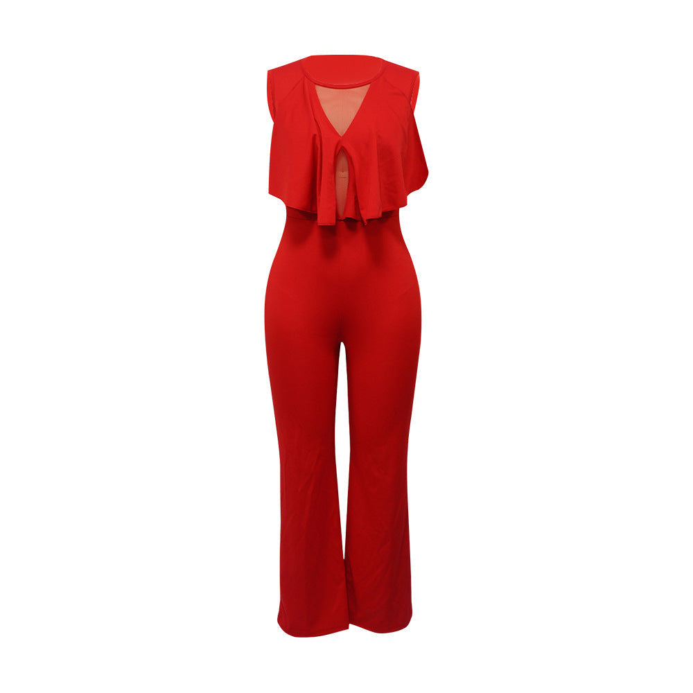 Women Wear Ruffled Sleeveless Straight Jumpsuit