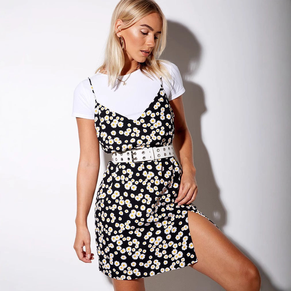 Ladies Dress V neck Printed Outerwear Suspender Dress Cami Dress