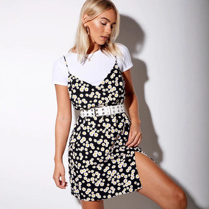 Ladies Dress V neck Printed Outerwear Suspender Dress Cami Dress