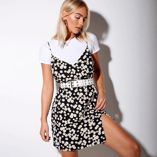 Ladies Dress V neck Printed Outerwear Suspender Dress Cami Dress