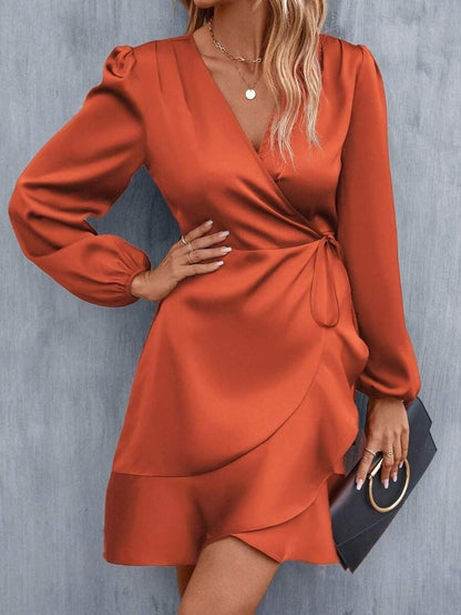 V neck Dress Satin Waist Tight Low Cut Casual Midi Dress Sweet Women Clothing