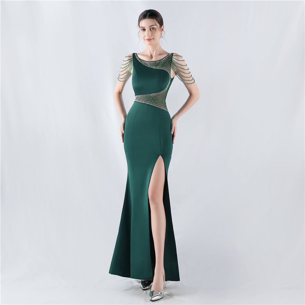Dress Heavy Embroidery Drilling Give Sheer Mesh High Fork Satin Evening Dress Annual Meeting Wedding